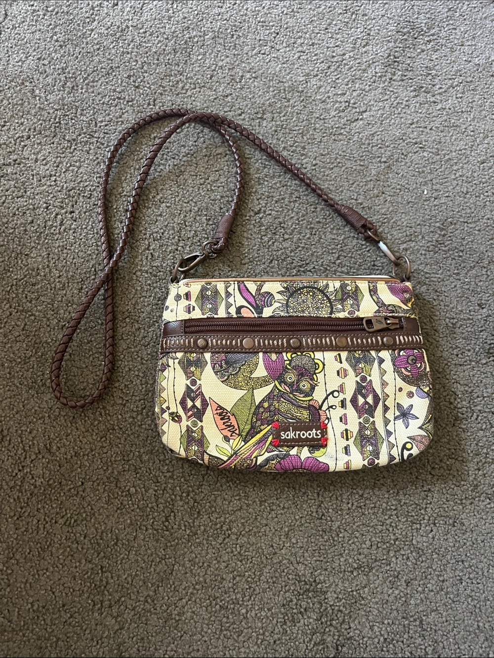 Sakroots Cream Crossbody with Brown Braided Strap and Colorful Print